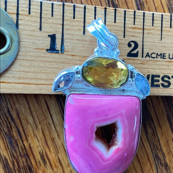 Beautiful hand crafted Pink Druzy, faceted Citrine and Amethyst pendant. - Picture 9 of 9
